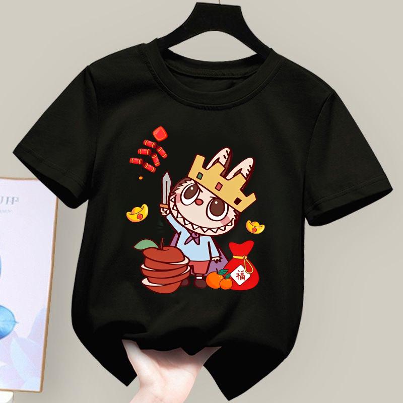 Happy New Year 2025 Cartoon Labubu Cute Printed Children's T-shirt Round Neck Girls' Top Multiple Sizes