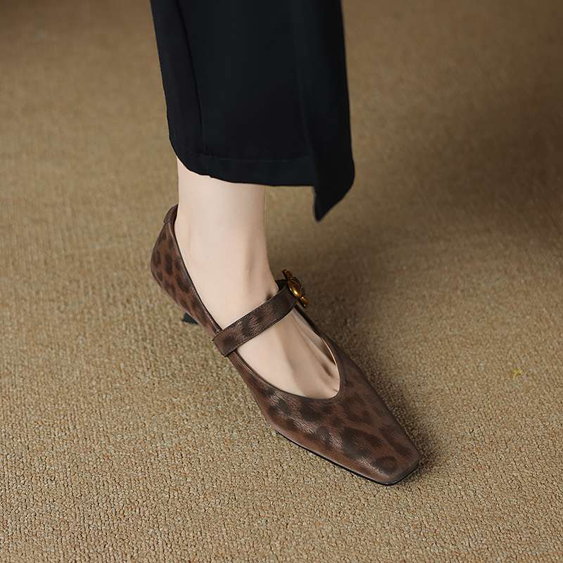 Krazing Pot Sheep Skin Summer Spring Autumn Stiletto Med Heels Leopard Women Square Toe Metal Decoration Shallow Pumps