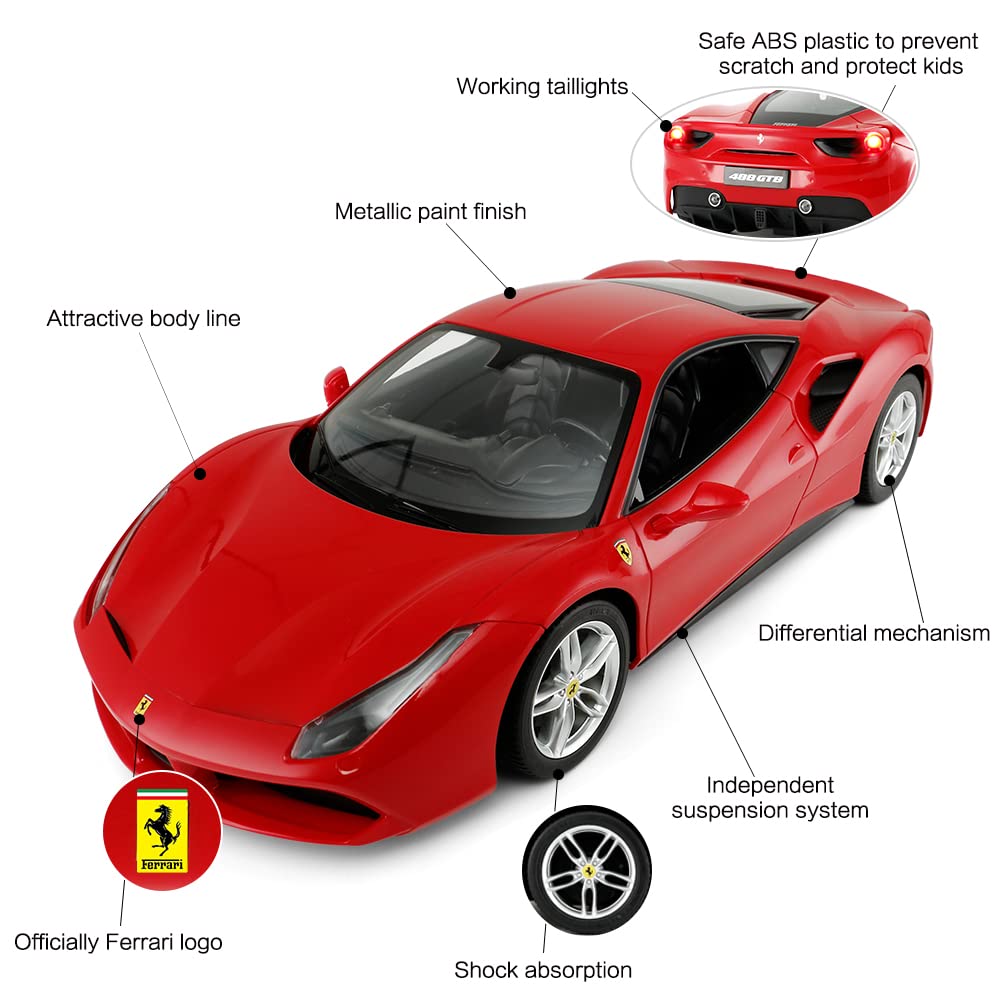 scale Ferrari 488 GTB car with illuminated headlights and red 114 radio-controlled taillights,