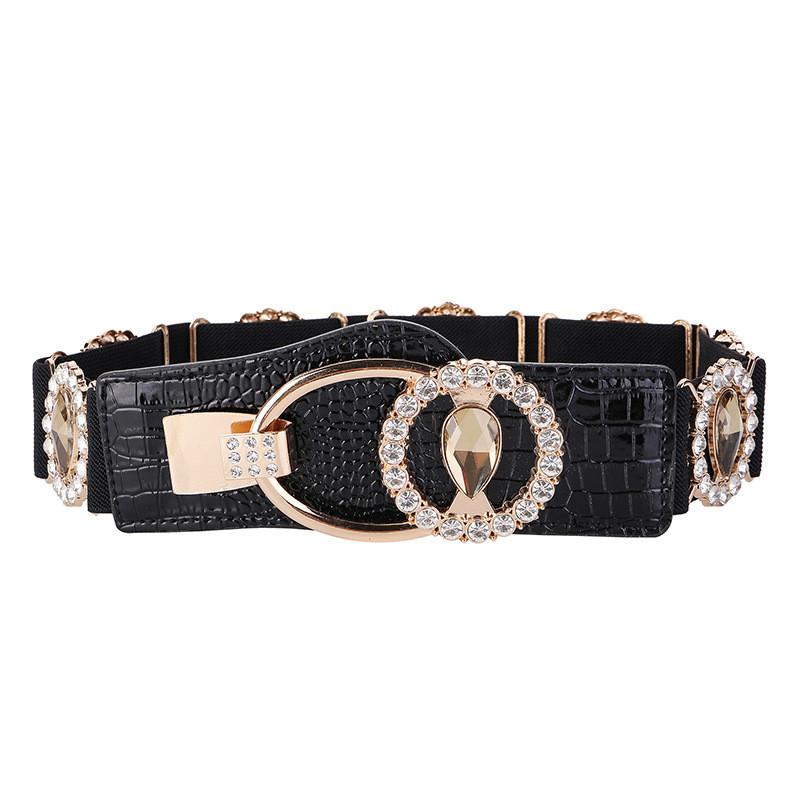 Water Drill Trendy Ultra Wide Belt With Elastic Waistband Crystal Embellishments