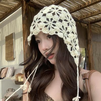 Autumn and Winter New Hand-crocheted Knitted Hat Children's Hollow Flower Pile Hat Sweet and Cute Fringed Headhat