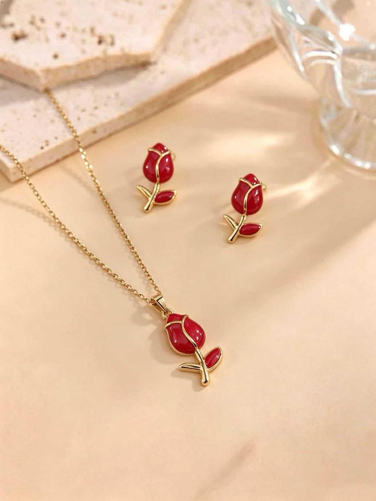 Versatile Cherry O-Shaped Chain Pendant & Earring Set - Niche Design Stainless Steel Clavicle Jewelry