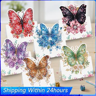 6pcs Butterfly Flower Adult DIY Diamond Art Greeting Cards Handmade Diamond Painting Cards for Adult Beginner Holiday Blessing