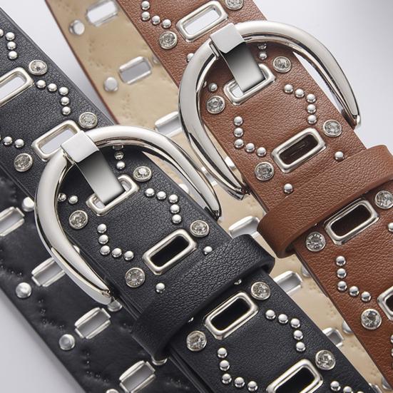 Women Belt Rivet Decor Multi Holes Design Adjustable Length Imitation Leather Belt Faux Leather Punk Style Waistband