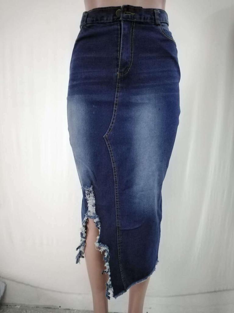 1Wish High Waist Washed Denim Split Hip Skirt