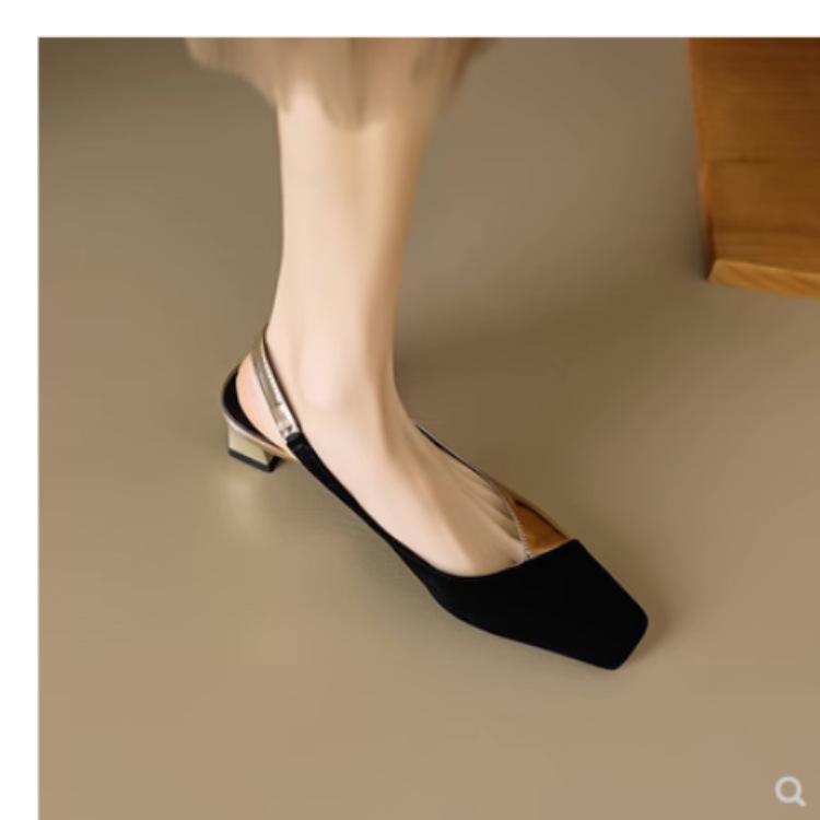 Women Square Toe Sandals Black Toe Patchwork Pumps Gold Sliver Slingbacks Mid Heels Summer Female Dress Shoes Plus Size 41 1363N