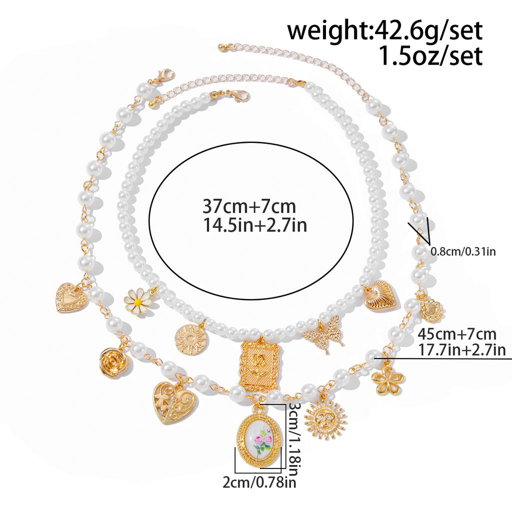Salircon 2Pcs/Set Butterfly Sunflower Heart Pendant Necklace for Women Luxury Imitation Pearl Charm Statement Choker Jewelry