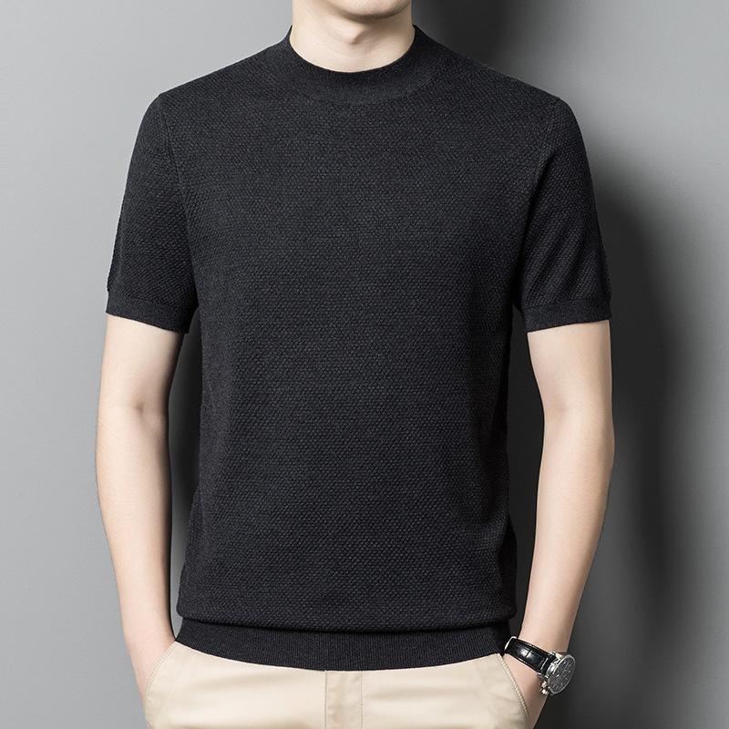 Pánské tričko s krátkým rukávem s polovičním rolákem, jednobarevné, ležérní, letní, pánský vlněný pletený poloviční rukáv