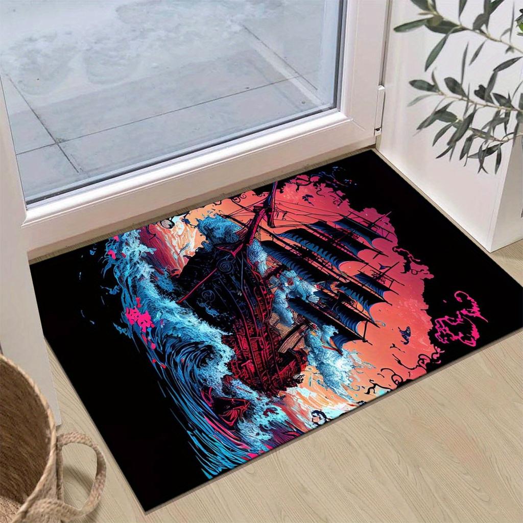 Pirate Ship Graphic Area Rug -  Polyester Non-Slip Floor Mat for Living Room, Bedroom, Dining Room - Large Size