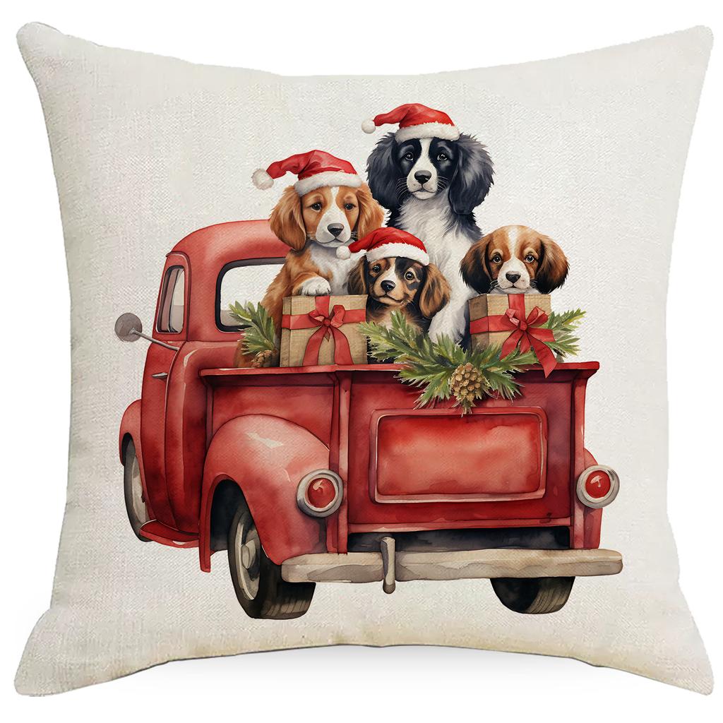 New Christmas Pillowcase Vintage Red Truck Cute Dog Christmas Tree Print Cushion Cover