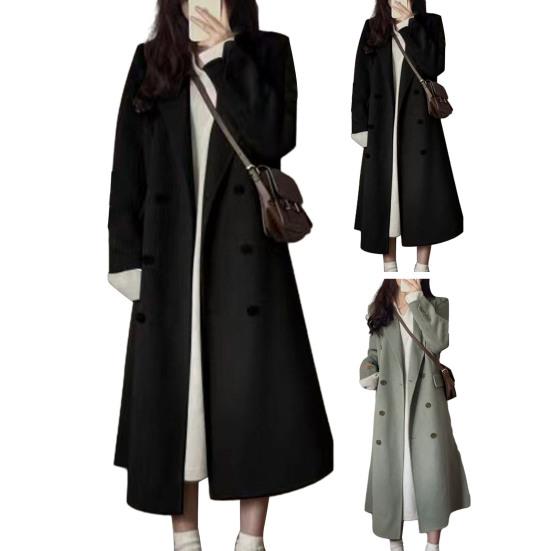 Frauen Lange Woolen Mantel Revers Taschen Outwear Langarm Zweireiher Einfarbig Warme Dame Mantel