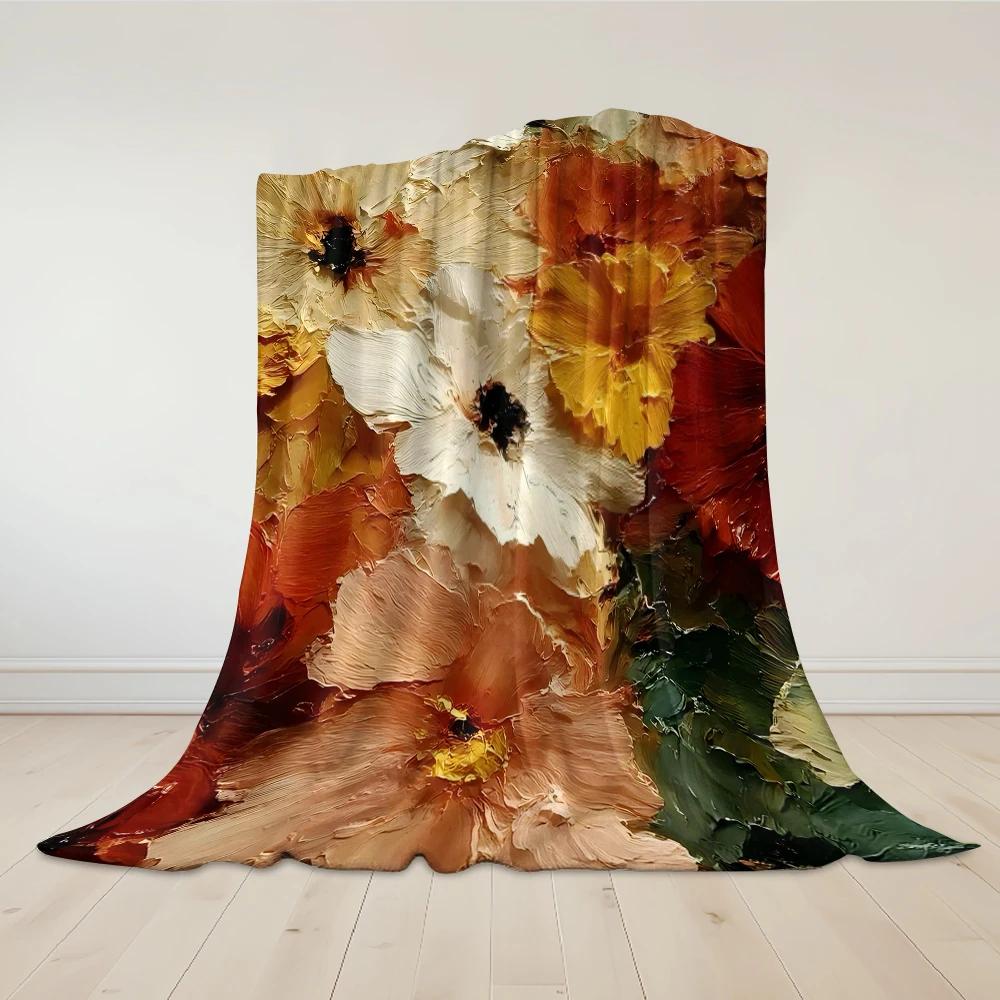 Cream Flower Impasto Flannel Blanket Warm Soft Halloween Christmas Couch Warm Cozy Decorative Decor Gift for All Season
