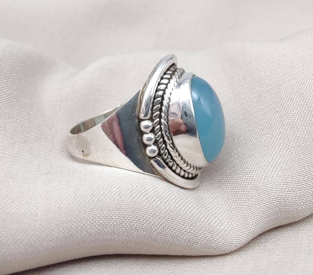 Blue Chalcedony 925 Sterling Silver Ring: Handmade Boho Gemstone Jewelry