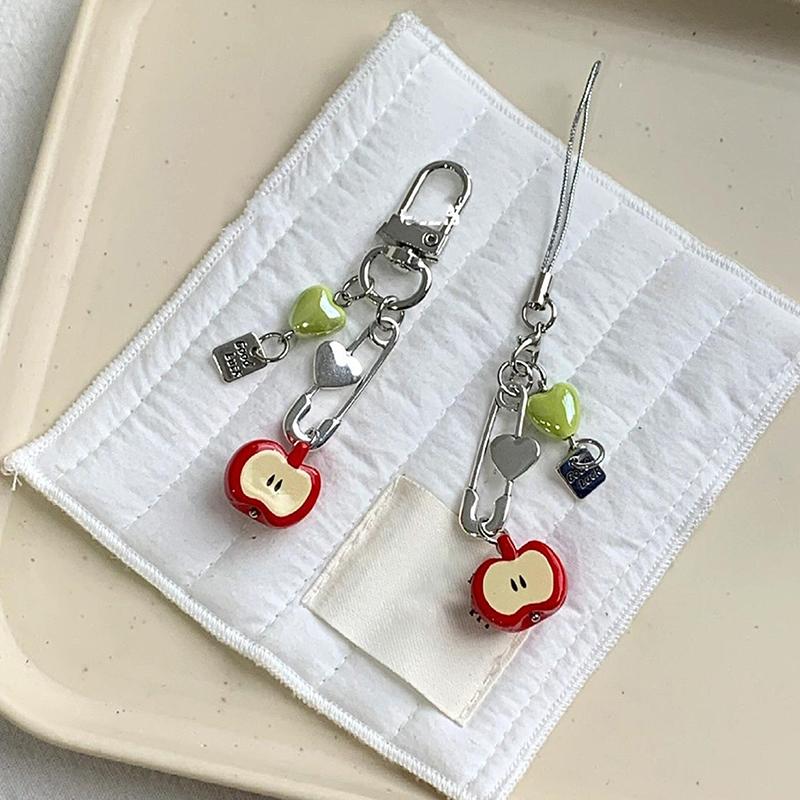 Sweet Fresh Heart Apple Keychain Phone Chain Lucky Beaded Pendant Charms Backpack Decoration Girls  Camera Lanyard