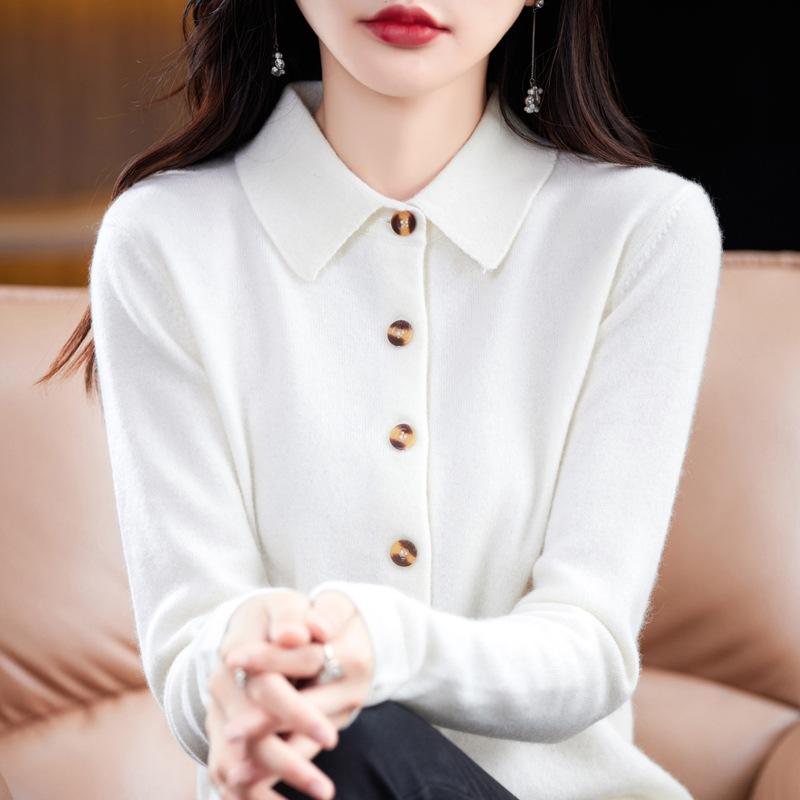 New Andy Fleece Knitted Cardigan Women's PO Shirt Collar Solid Color Sweater Jacket Top