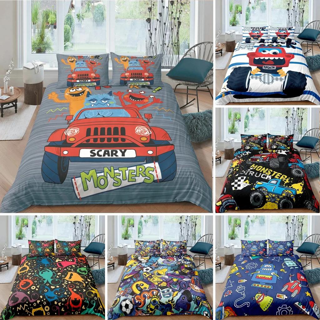 Monster Car Lovely Toy Truck Comforter Cover Polyester Printed Bed Set Duvet Cover Pillowcase Bedding Set Bed Linen Sheet Quilt