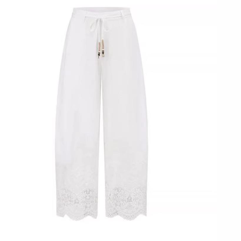 

OD Designer 2026 Spring Embroidered Hollow Lace Tie-Up Wide-Leg Pants Medium