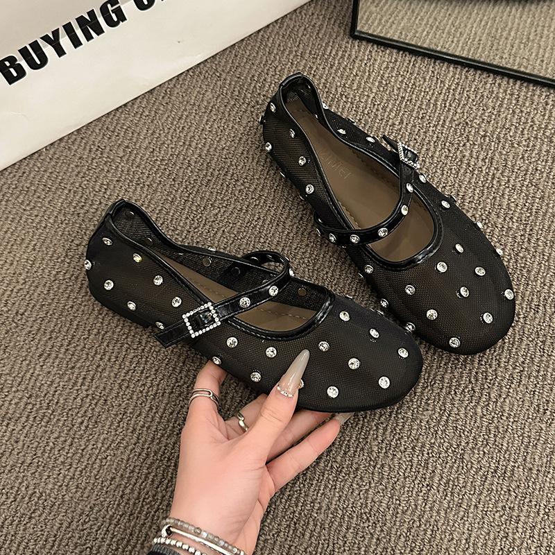 

Fashion Summer Women s Flat Shoes Fashion Round Toe Rhinestone Mary Jane Ballet Breathable Elegant 2025 Comfortable Shoes Zapatos Mujer 40 чёрный