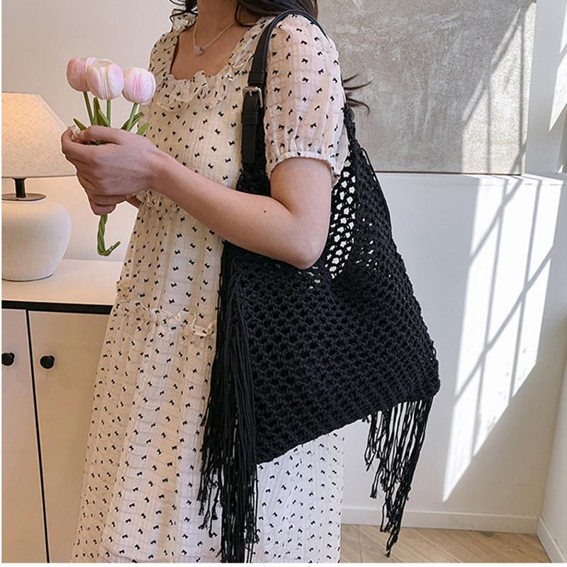 Yogodlns Fashion Long Tassel Shoulder Bag Thread Woven Women's Bag New Hollowed Out Handbag Summer Beach Vacation Bag