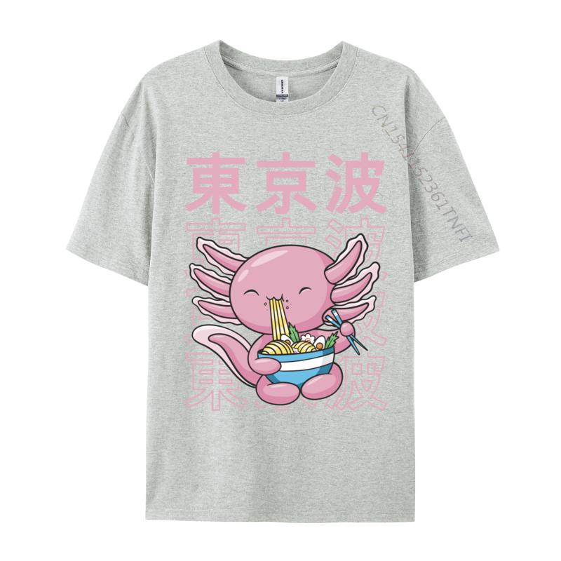 Kawaii Axolotl Eating Ramen Noodles Teens Custom Print T Shirt for Men Family Autumn All Cotton Top T-shirts Hip hop T Shirt