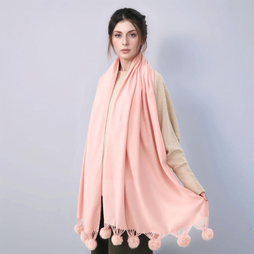 Women Winter Warm Shawls Scarf With Rabbit Fur Ball Pashmina Thick Solid Scarves Cashmere Scarf Ladies Blanket Wrap 180*70Cm
