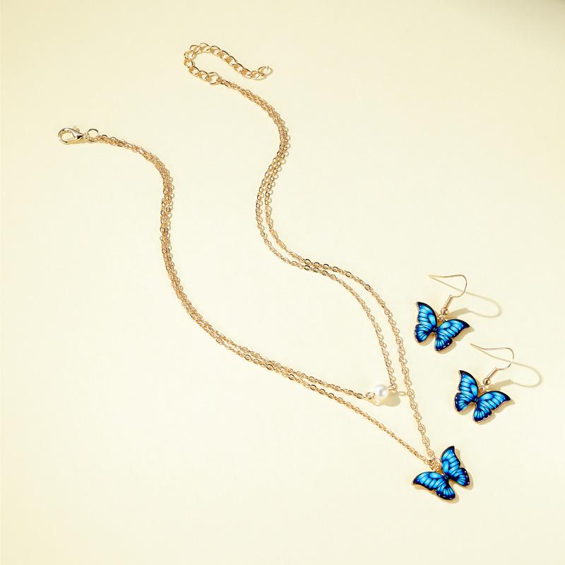 Fashion Choker Chain Pearl Necklace Earrings Sets for Women Jewelry Cute Colorful Butterfly Gold Color Chain Vintage Jewellery