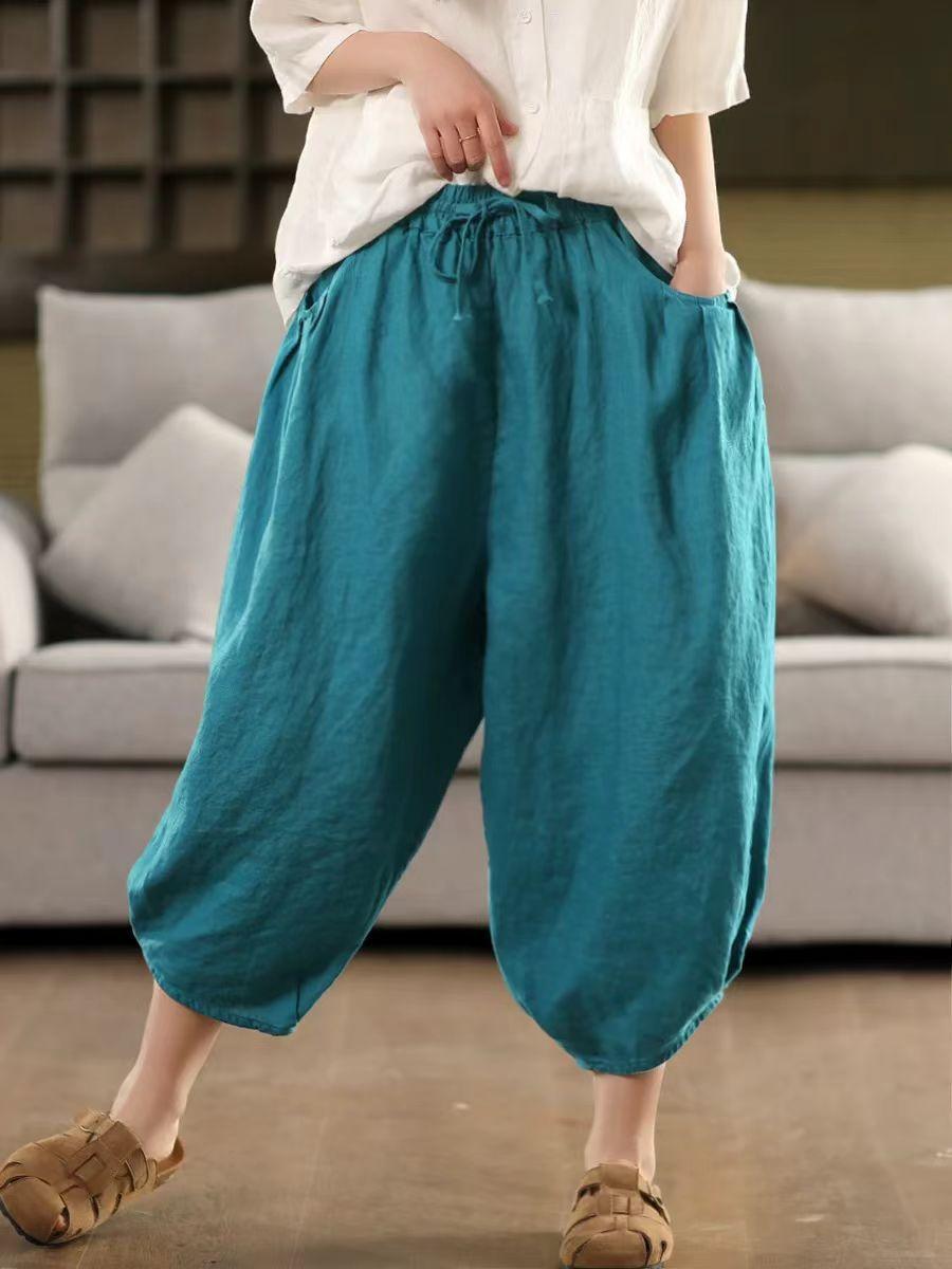 

Johnature Women Harem Pants Elastic Waist Pockets Belt Trousers Summer Solid Color Loose Female Calf Length Pants L озеро синього кольору