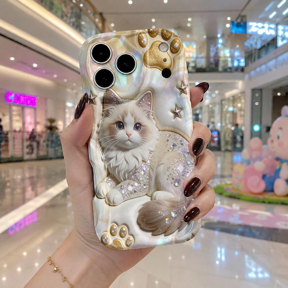 Full Rhinestone Ragdoll Cat Paw Star Wavy Edge Phone Case For iPhone 17 16 15 14 13 12 11 8 7 Plus Pro Max Bling Pet Cover