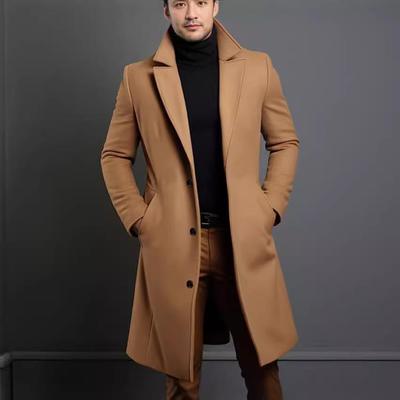 Men's Mid-Length Solid Color Woolen Coat - Warm, Autumn/Winter Jacket