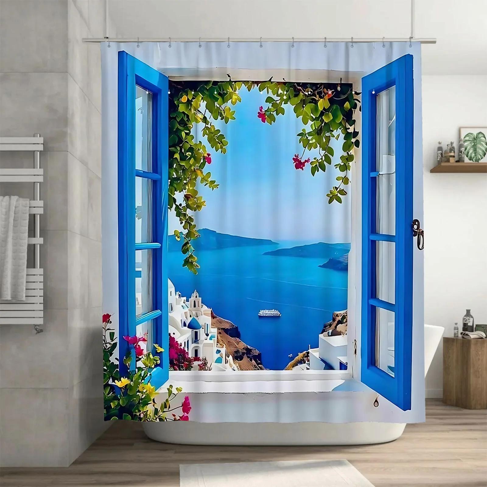 Dunika Chen Blue Scenic Window Shower Curtain Mediterranean View Waterproof Heat Resistant Machine Washable Home Decor Complimentary Hook