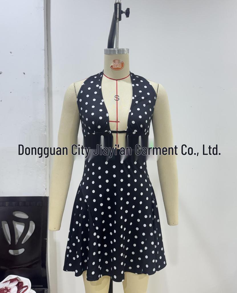 Cross-Border Autumn Sleeveless Halter V-Neck Polka Dot Open-Back Short Dress