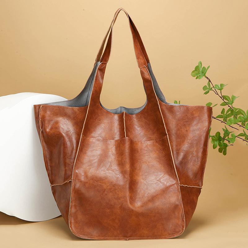 Retro Super Big Shoulder Bag Female Solid Color Hand Bags For Women Soft Leather Casual Shopper Underarm Tote Bag