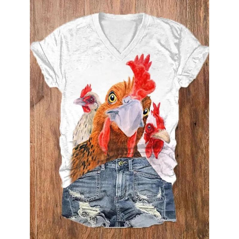 Summer V-neck 3D Printed Top Fashionable Casual Short Sleeved Women's T-shirts