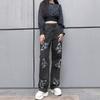Womens High-Waisted Straight Leg Denim Jeans Loose Fit Printed Casual Streetwear Pant
