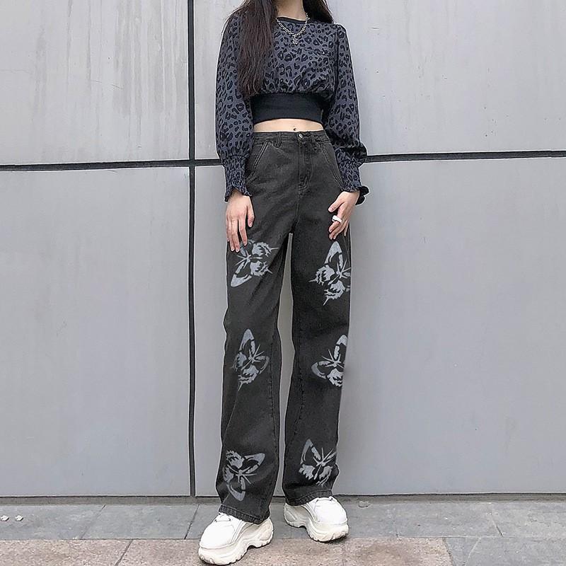 Womens High-Waisted Straight Leg Denim Jeans Loose Fit Printed Casual Streetwear Pant