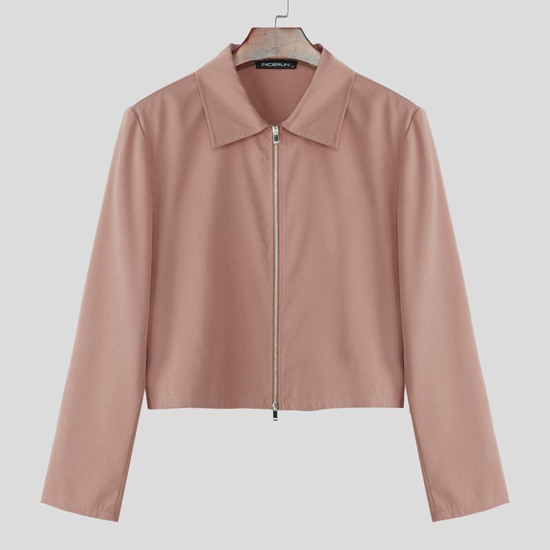 INCERUN Men Lapel Long Sleeve Stitching Zipper Up Cropped Jackets Short Coats