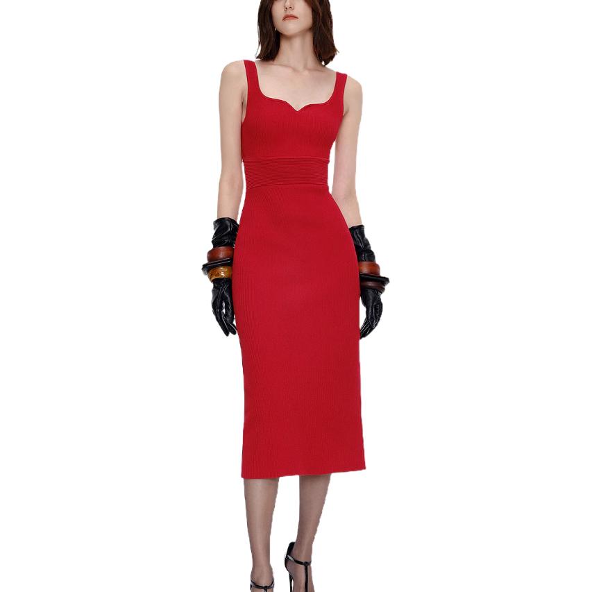 Karl Lagerfeld French Style Lightweight Luxury Slim Fit Knit Solid Color Sleeveless Dress Women dress Red M21L1343