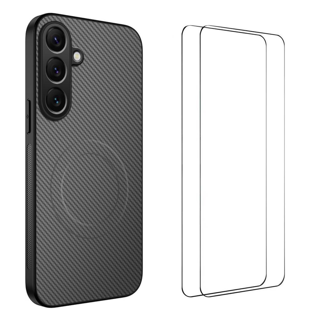 For Samsung Galaxy A17 5G Magnetic Case WANLONFENG TQ1 Series Carbon Fiber Texture PC TPU Phone Cover with 2Pcs Screen Films