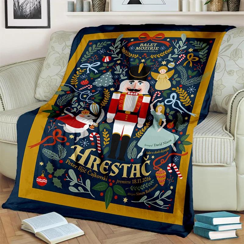 Kreslená deka s vánočním stromkem a Louskáčkem, Měkká přehozová deka pro domov, ložnici, postel, pohovku, na piknik, cestování, do kanceláře, krycí deka pro děti
