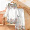 Floral Print Print Two Piece Outfit Women Long Sleeve Irregular Hem Tunic Top Wide Leg Pants Casual Matching Set