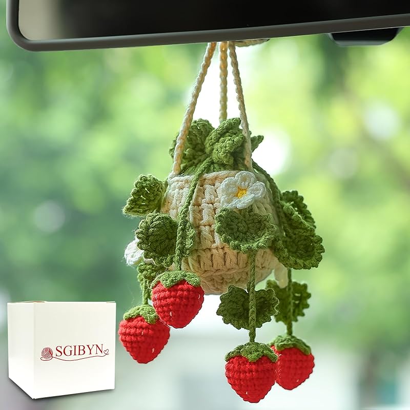 Crochet Hanging Plant for Car,Car Decorations Interior,Plant Strawberry Aesthetic Car Accessories for Women Interior Cute,Car Ornaments Charms for