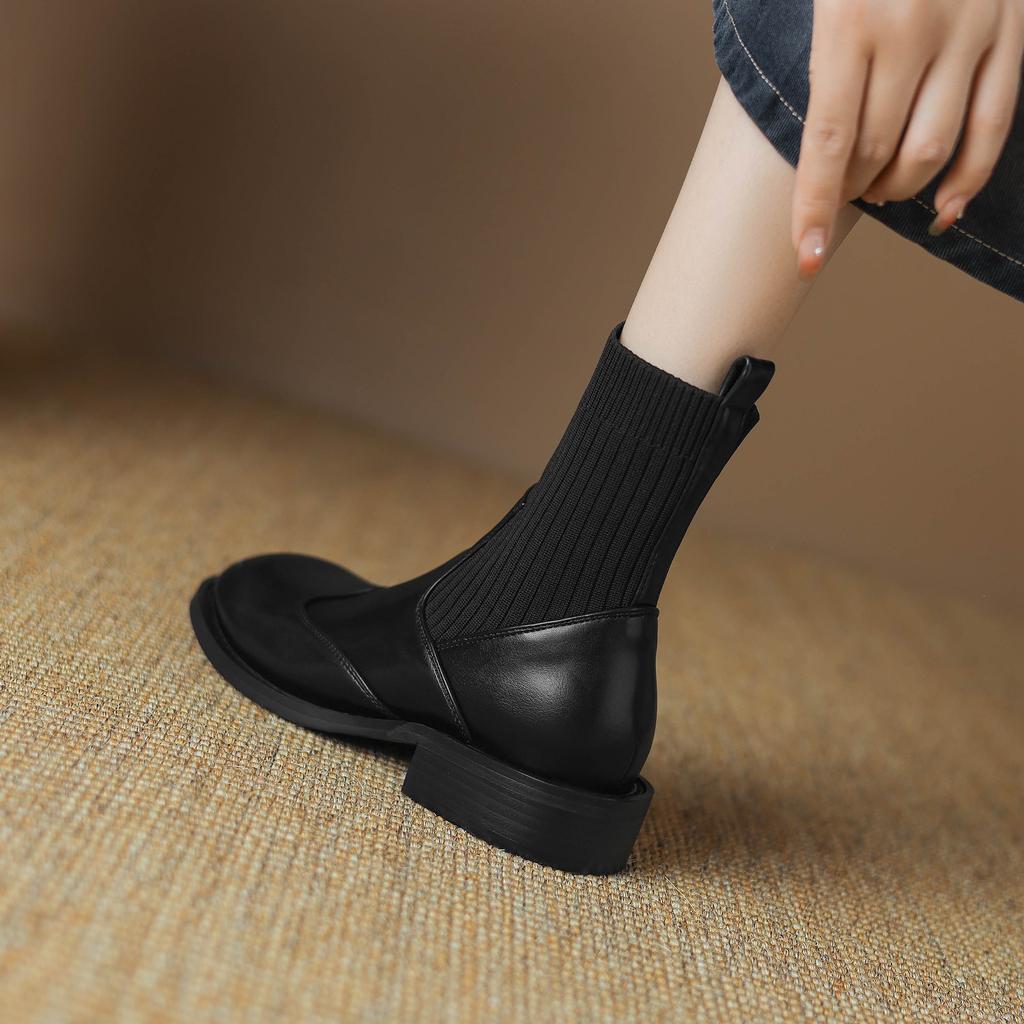 Krazing Pot Microfiber Autumn Winter Shoes Thick Med Heels Size 43 Chelsea Boots Back Knitwear Stretch Ankle Boots