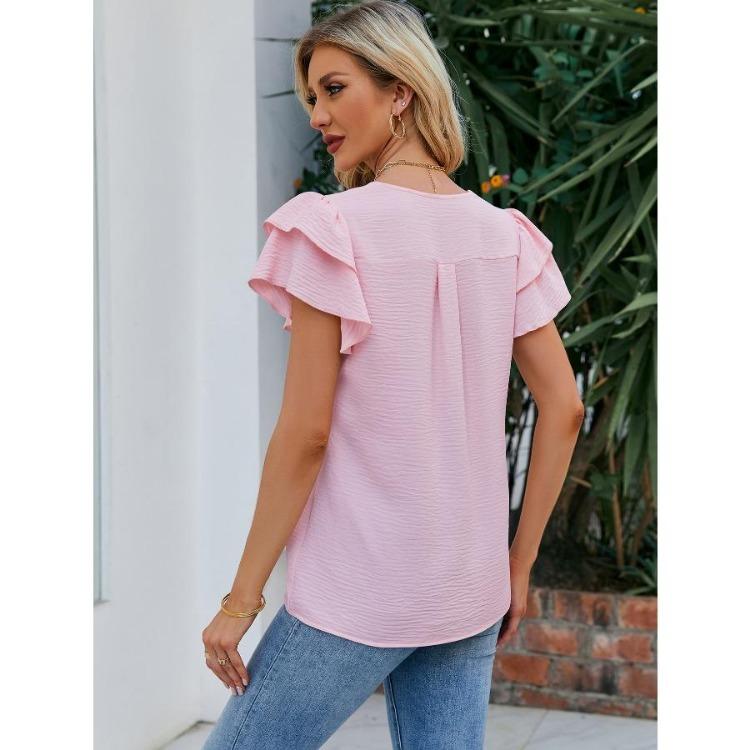 Summer V Neck Ruffle Chiffon Blouse Women Short Sleeve Office Casual Top Shirts