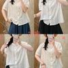 1116 Summer New Women's Crew Neck Japanese Cotton Shirt Loose Shirt Top Cardigan Vintage Embroidery Literary and Art Style