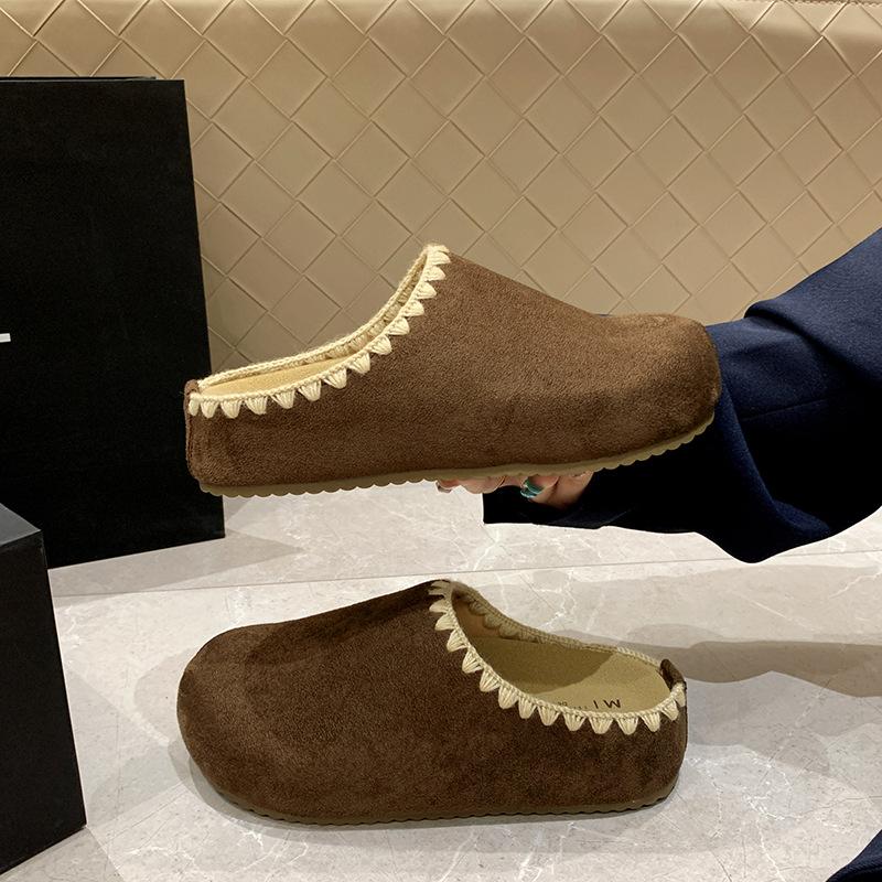 Cowhide version~ Hong Kong retro embroidered Boken shoes bag head half slippers women's 2025 autumn thick-soled inner height increase single shoes