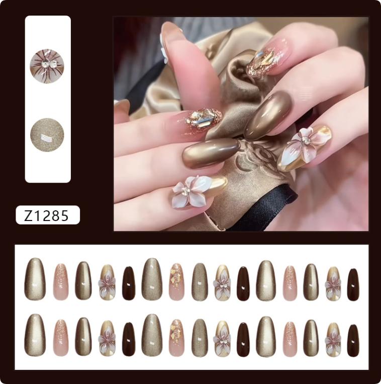 French Style Art Nail Patch 3D Flower Gold Line Fake Nails Reusable Nail Tips For Women Diy Manicure Accessories