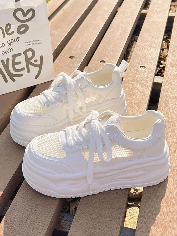 2025 summer new mesh platform white shoes women's versatile chic with skirt board shoes breathable and lightweight casual shoes