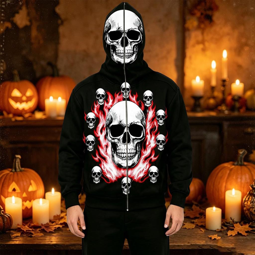 Men's Casual Halloween Print Hooded Jacket with Pockets, Fashionable Outerwear for Halloween