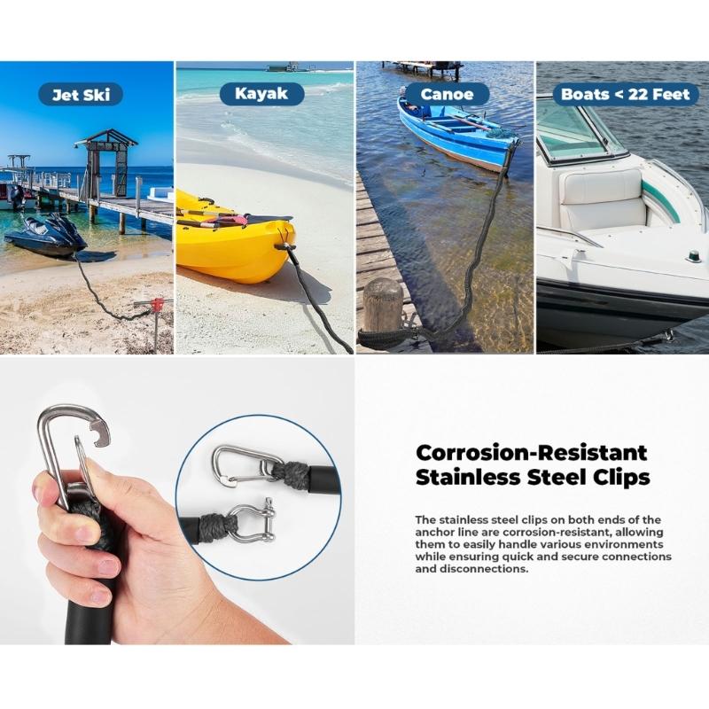 Shore-Side Mooring Rope for Small Boat Stops, Elastic Dock Line Set with Beach Stake and Quick Clip Connection