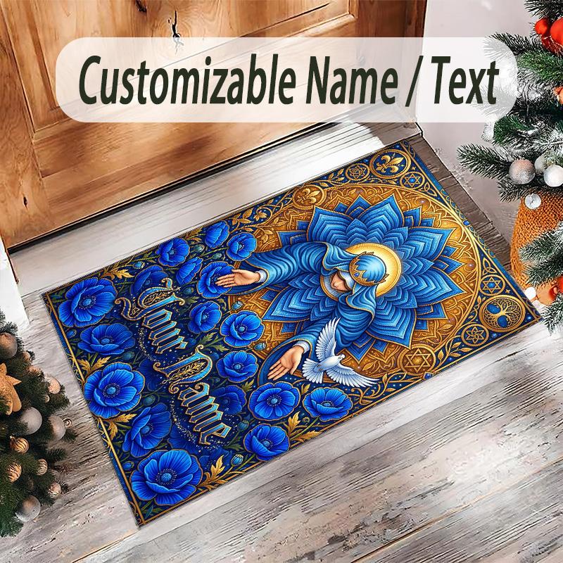 Floral Theme Crystal Velvet Rug Personalized Custom Name Text Soft Floor Mat Home Decor